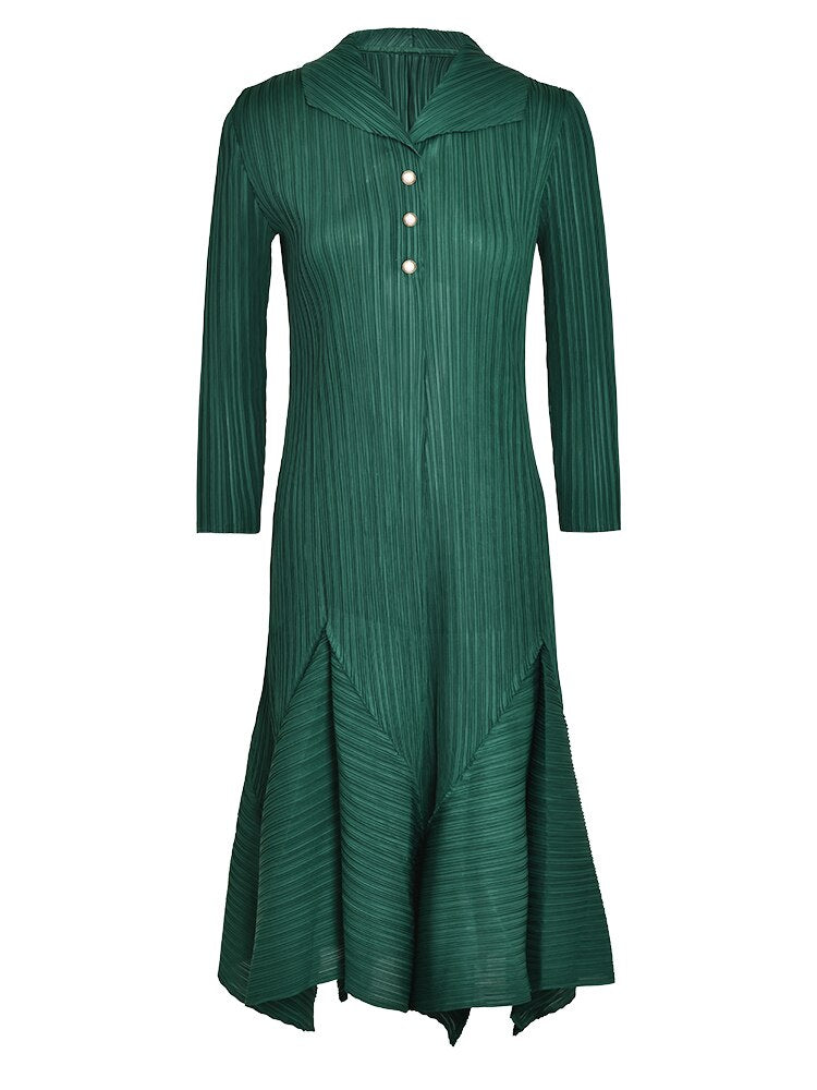 LANMREM Casual Pleated Dress For Women Lapel Long Sleeves Beading A-line Dresses High End Female Clothing New YAa541