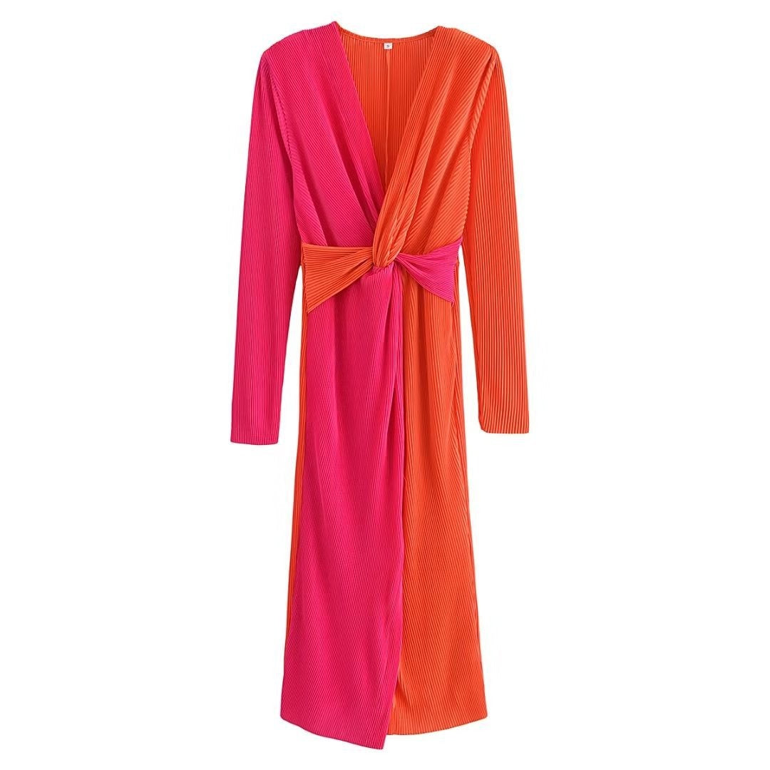 Women Fashion Patchwork Contrast Dress Elegant Cross V-neck Pleated Dresses Female Long Sleeve Robe
