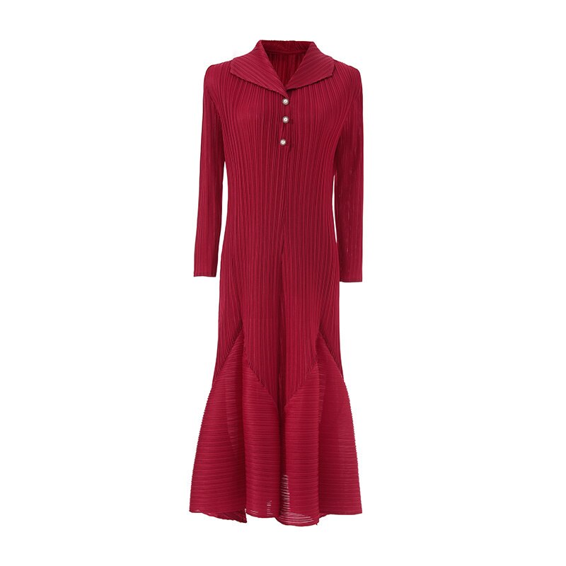 LANMREM Casual Pleated Dress For Women Lapel Long Sleeves Beading A-line Dresses High End Female Clothing New YAa541
