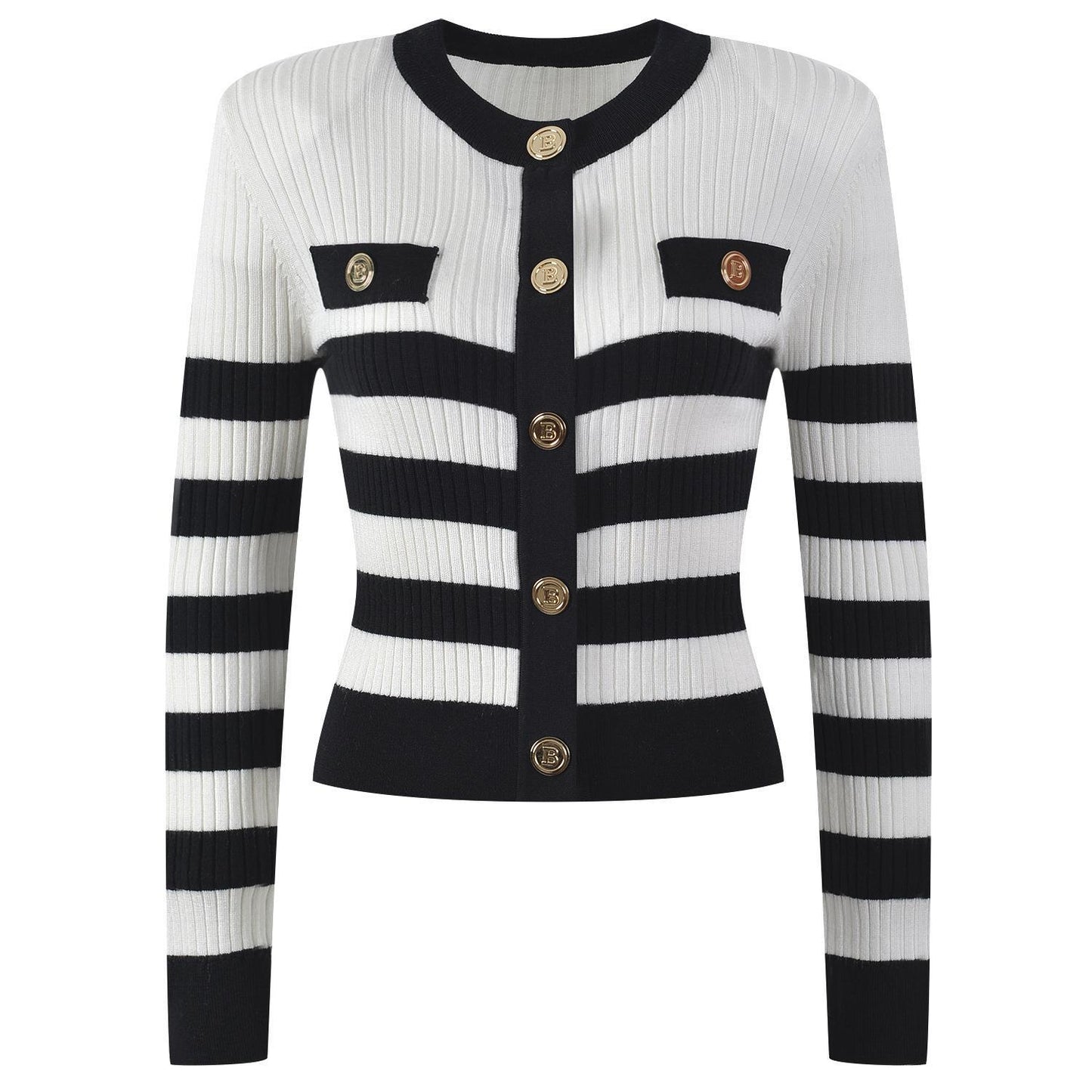 Korean Fashion White and Black Striped Sweater Women 2023 Elegant O-neck Knitted Cardigan Mujer Autumn Winter Clothes