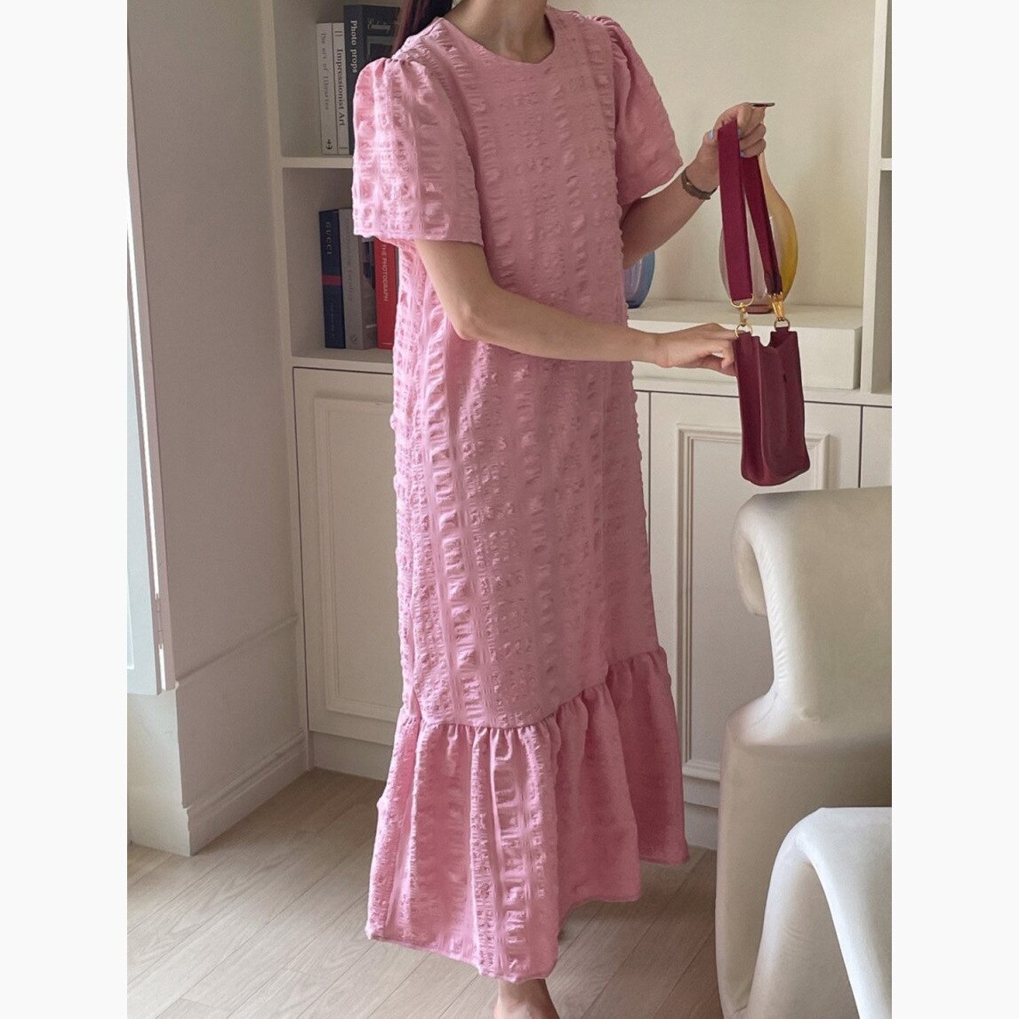 Nomikuma Summer Korean Dresses Vintage Women Sweet Puff Sleeve O-neck Dress Causal Ruffle Patchwork A-line Vestidos Mujer