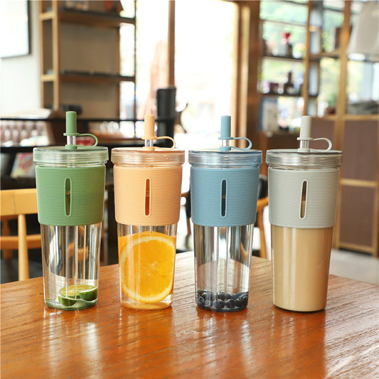 Layer Transparent Straw Cup 700Ml Large Capacity Silicone Cover Juice Cup Fashionable And Simple Straw Cup