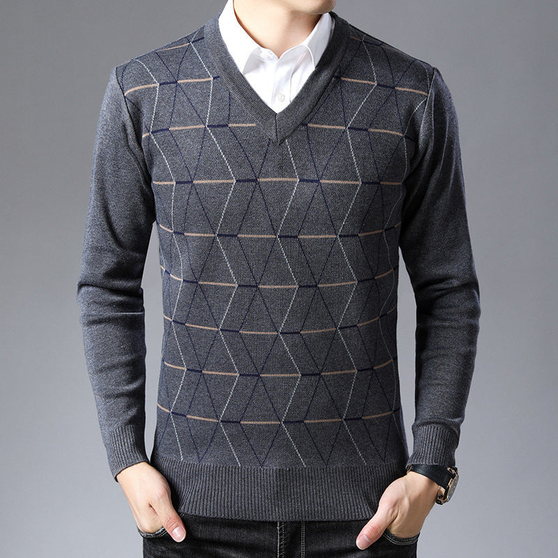 Men's V-neck Jacquard Long Sleeve Pullover Base Thick Sweater