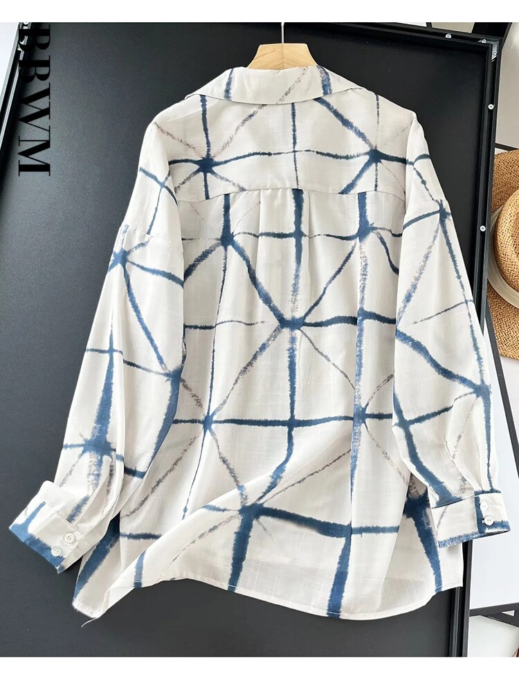 Comfortable Ramie Thin V-neck Printed Long Sleeved Women's Shirt Summer New Geometric High Quality Sunscreen Chip Female  Tops