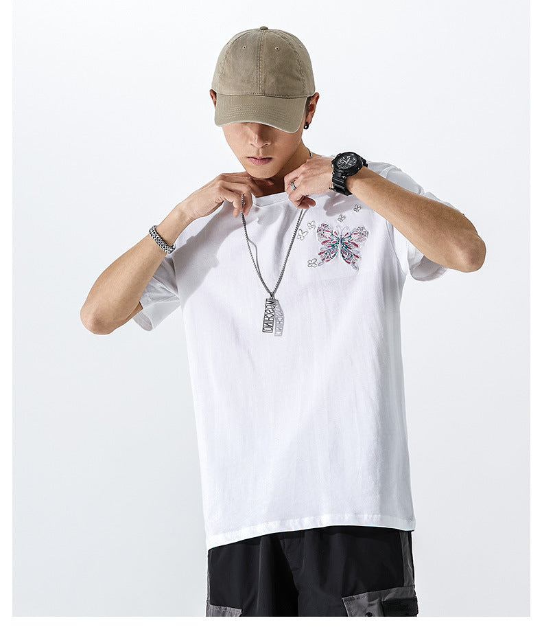 Summer butterfly embroidery couple T shirt Chinese style original loose large size cotton fashion short sleeved t shirt men