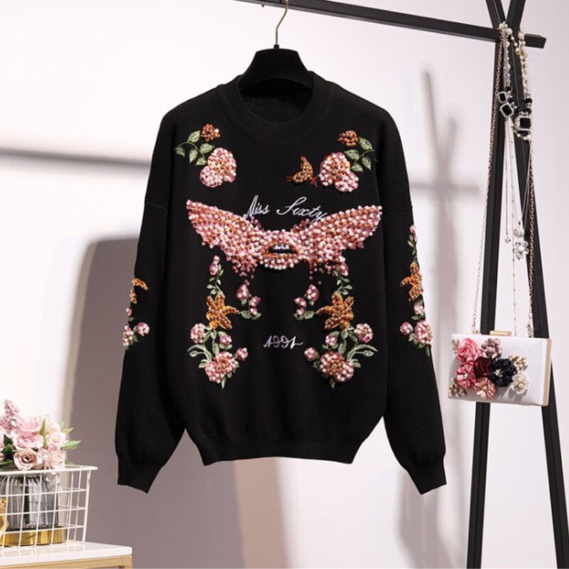 Two Piece Set Pearl Suit Beaded Women Knitted Tracksuit Embroidery Flower Sweater 2 Piece Set Jogger Pants Winter Clothes Jumper