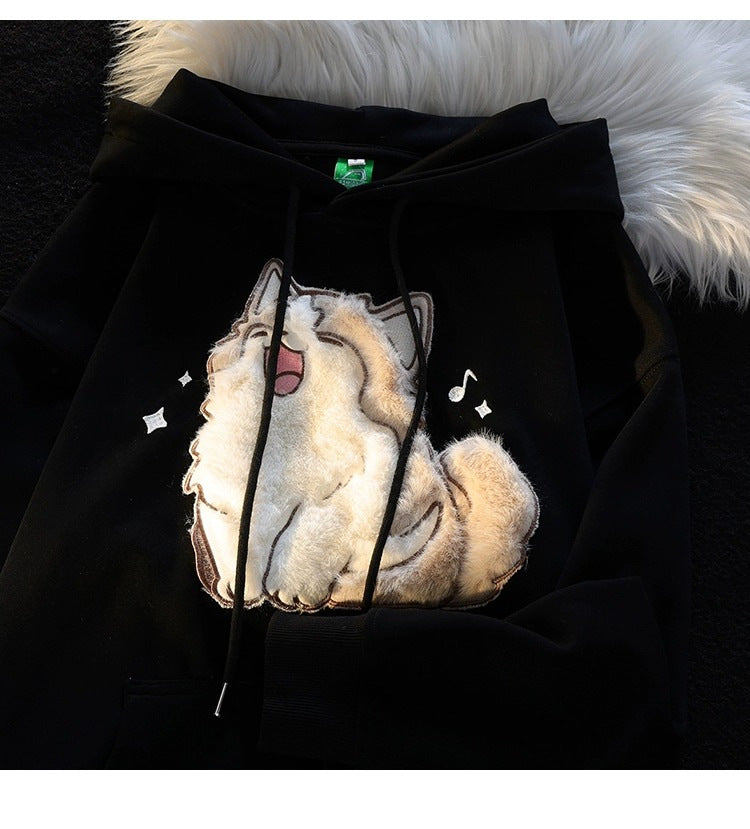 Embroidered Kitten Female Fleece-lined Thickened Hooded Sweatshirt