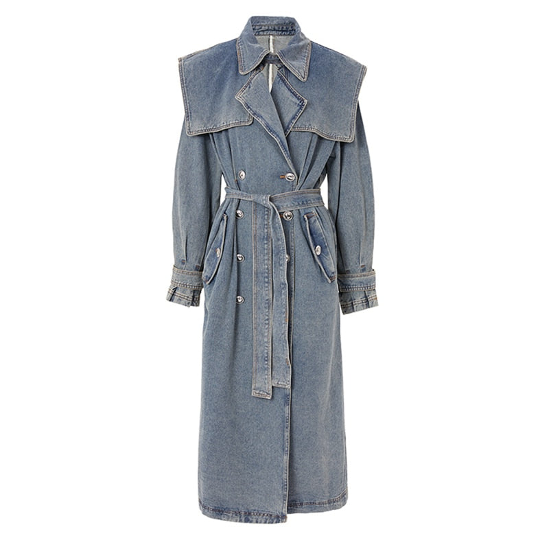 Women Blue Denim Big Size Long Trench New Lapel Long Sleeve Loose Fit Windbreaker Fashion Tide Spring Autumn 17A4709