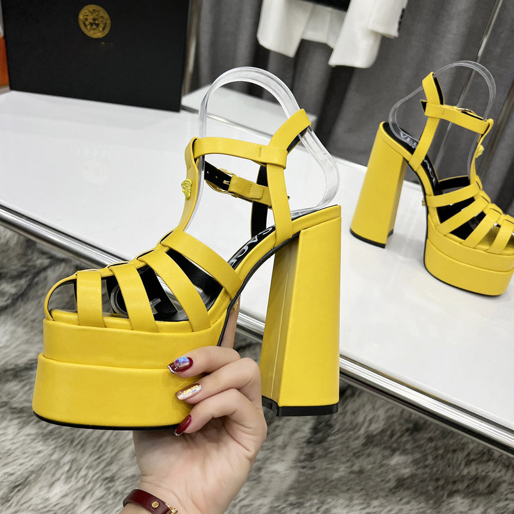 T-belt Buckle Super High Heel Sandals Platform Hollowed out Chunky heel Rome Sandals