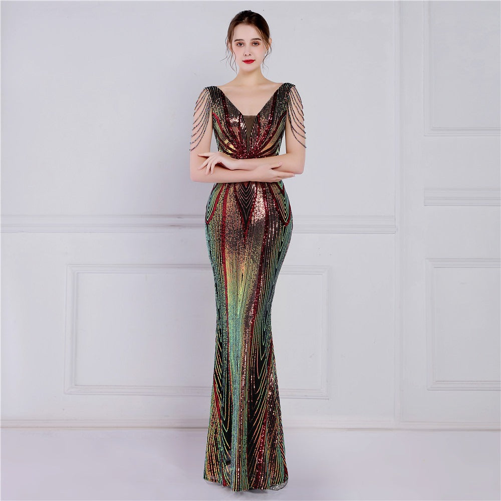 Handicraft Bead Banquet Elegant Long Short-sleeved Sequin Queen Mermaid Dress