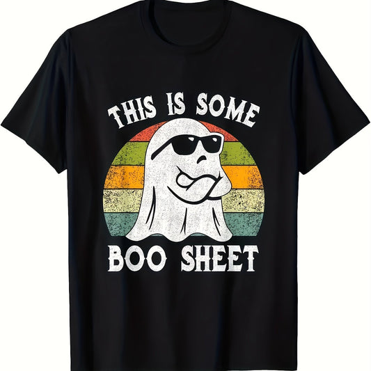 This Is A Men's Casual Round Neck Plus Size T-shirt With The Words BOO SHEET Printed On It, Making It The Perfect Choice For Halloween Gifts