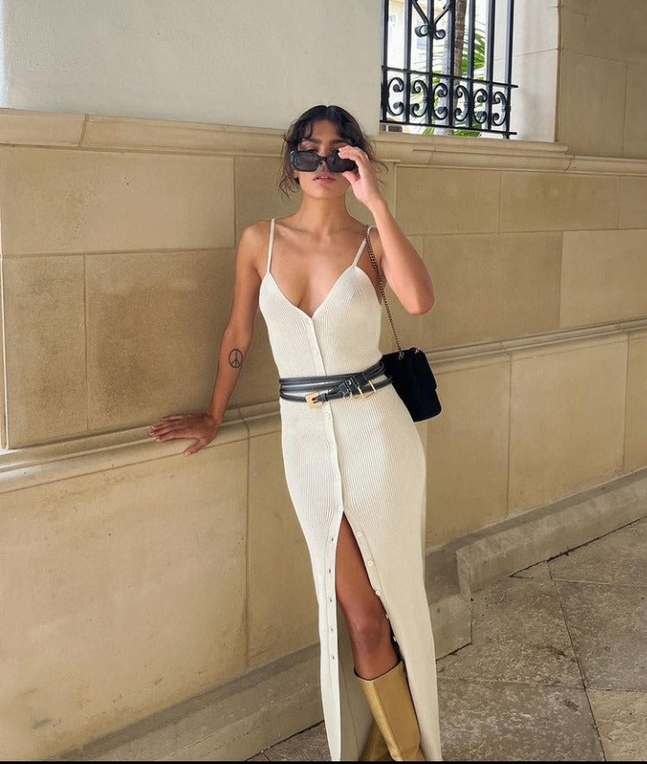 Europe and the United States style single-breasted V-neck sexy halter front slit Slim dresses