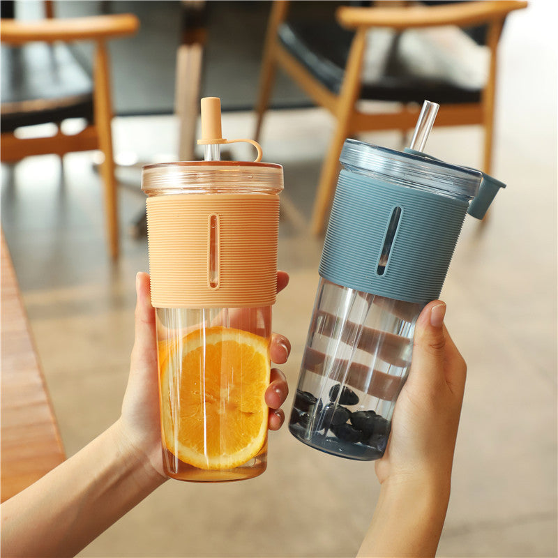 Layer Transparent Straw Cup 700Ml Large Capacity Silicone Cover Juice Cup Fashionable And Simple Straw Cup