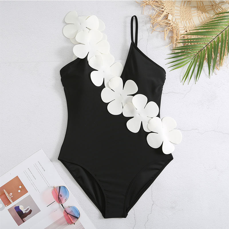 Sexy 1 Piece Swimsuit Skirt Summer Women Halter 3D Flower Print Swimwear Beach Dress Cover Up Monokini Bath Suit