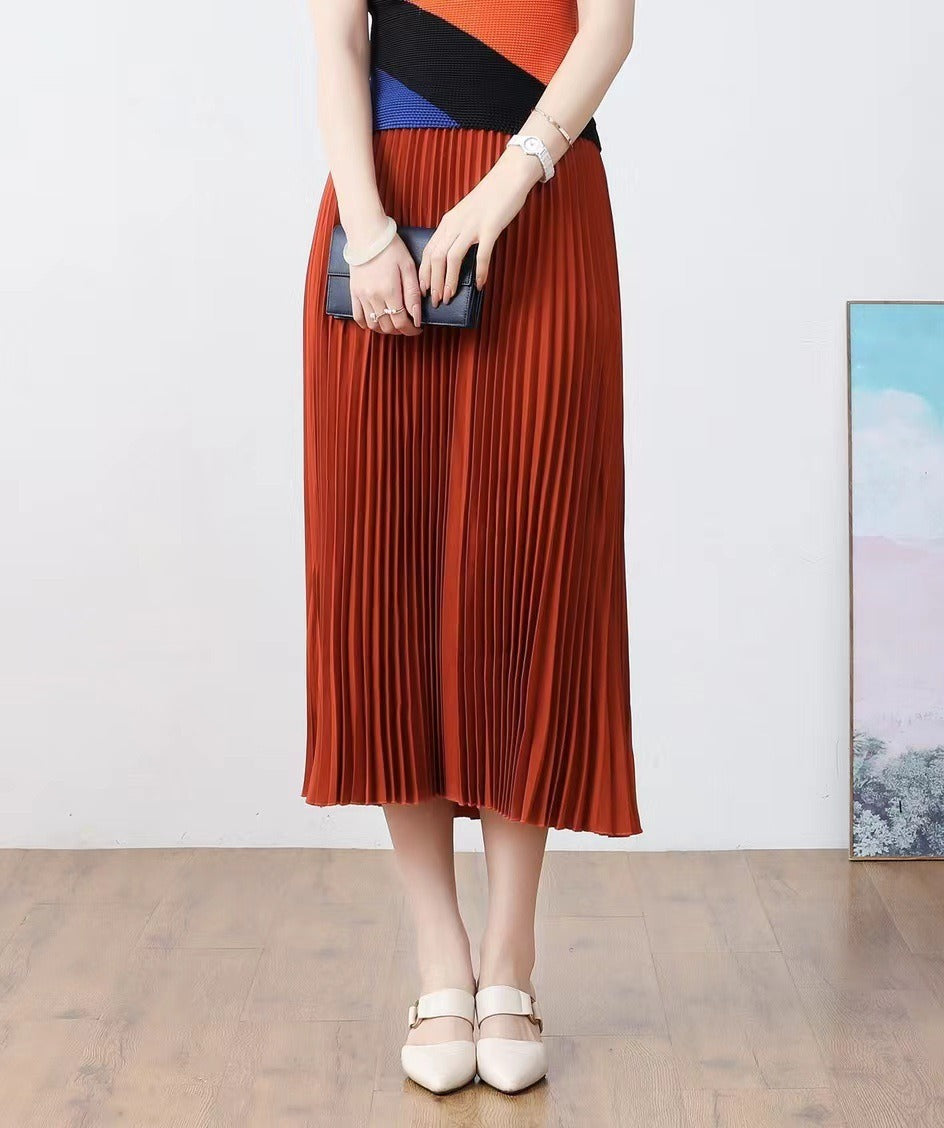 Pleated Skirt Women Printed Large Size Large Swing Mid-Length Versatile Younger Fashion Elegant Skirt