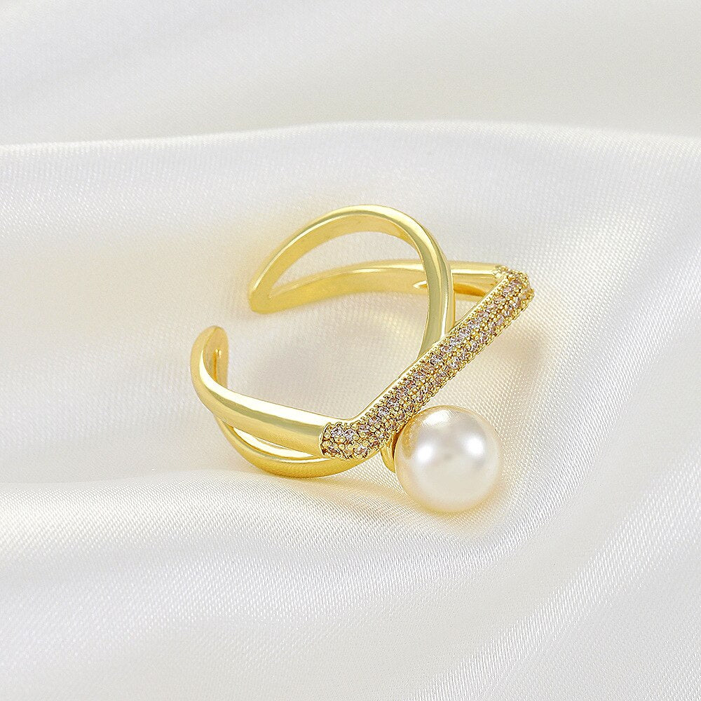 French Elegant Baroque Pearl Ring Ins 18k Gold Plated Bling CZ Cross Twist Rings for Women