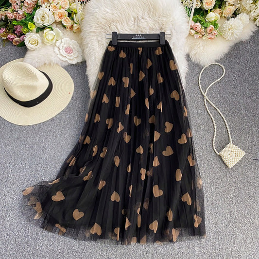 Elastic Waist Peach Heart Love Printed Mesh Pleated Skirt High Waist A-Line Large Swing Yarn Skirt Mid Length Half Length Skirt