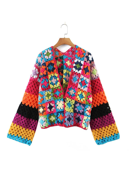 New Fall Women Multicolor Plaid Flower Hand Made Crochet Cardigan Coat Single Button Female Boho Crop Sweater Outerwear