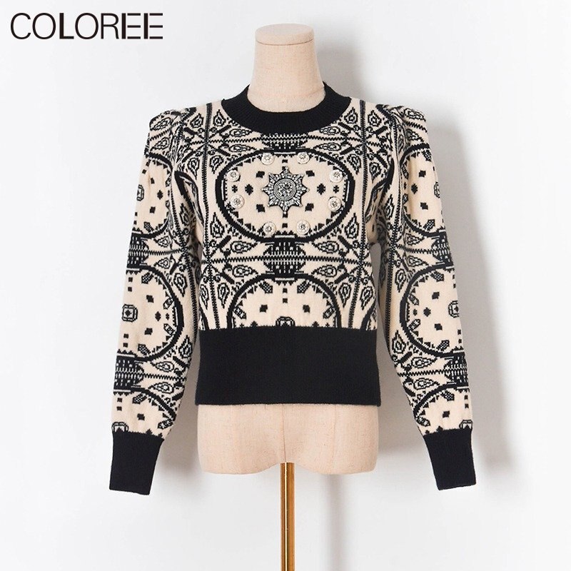 Vintage Jacquard Beading Sweaters for Women Fashion 2022 Autumn Winter Clothes Runway Designer Pull Femme Suéter De Navidad