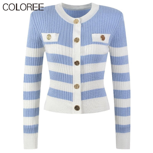 Korean Fashion White and Black Striped Sweater Women 2023 Elegant O-neck Knitted Cardigan Mujer Autumn Winter Clothes