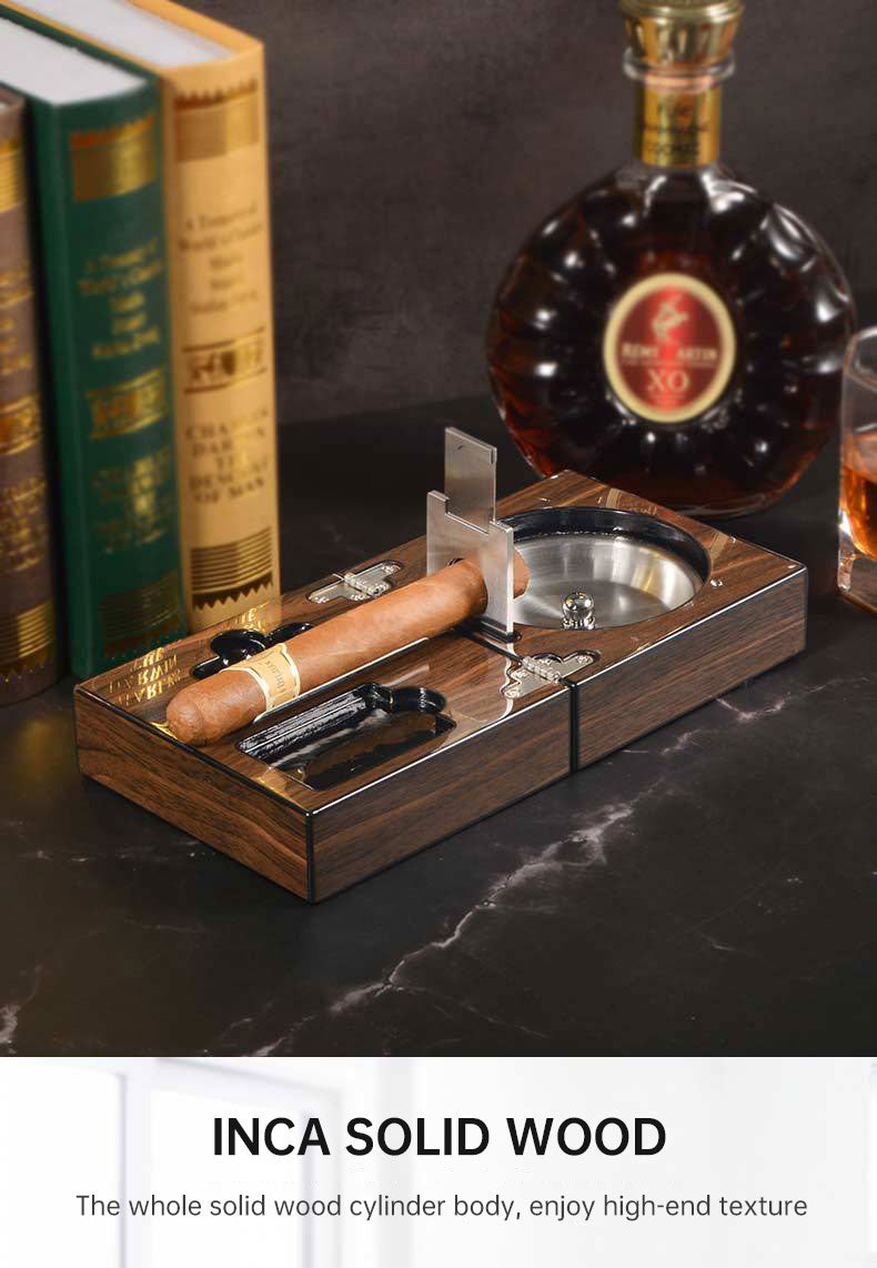 Multifunctional Cigar Ashtray Foldable Walnut Wood Box Include Cigar Cutter Holder And Hole Opener Smoking Accessories