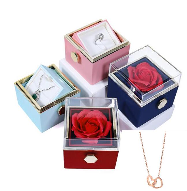 Rotating Rose Jewelry Packaging Box Eternal Flower Reversible Proposal White Ring Necklace Box+Stainless steel heart Necklace