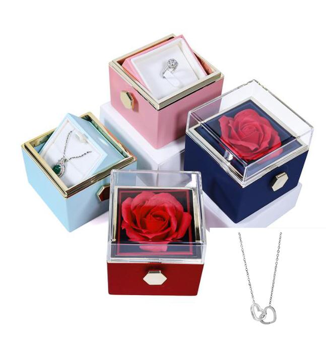 Rotating Rose Jewelry Packaging Box Eternal Flower Reversible Proposal White Ring Necklace Box+Stainless steel heart Necklace