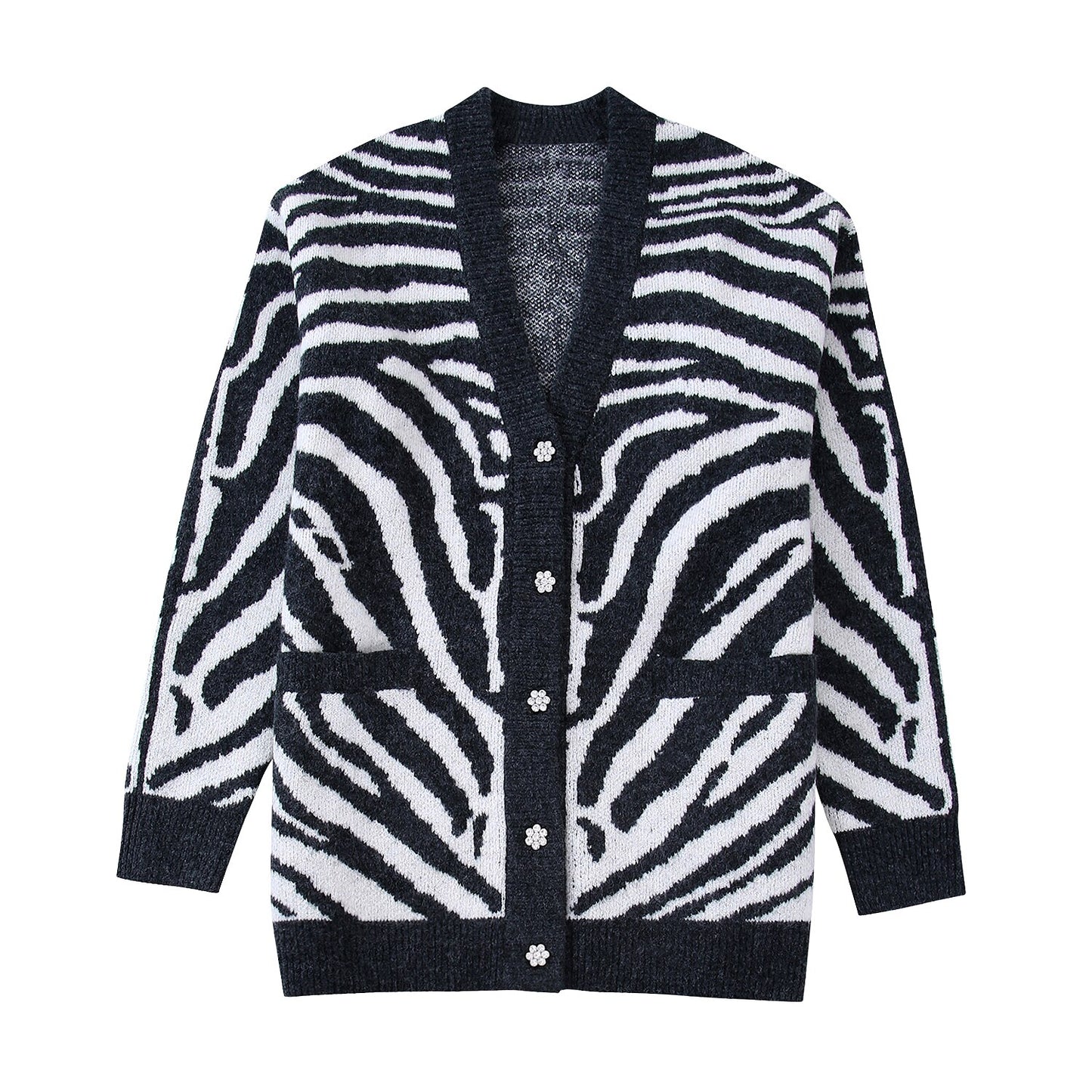 Women Fashion Zebra Print Knitted Sweater Jacket Vintage V-neck Loose Long Sleeve Cardigans Female Chic Coat