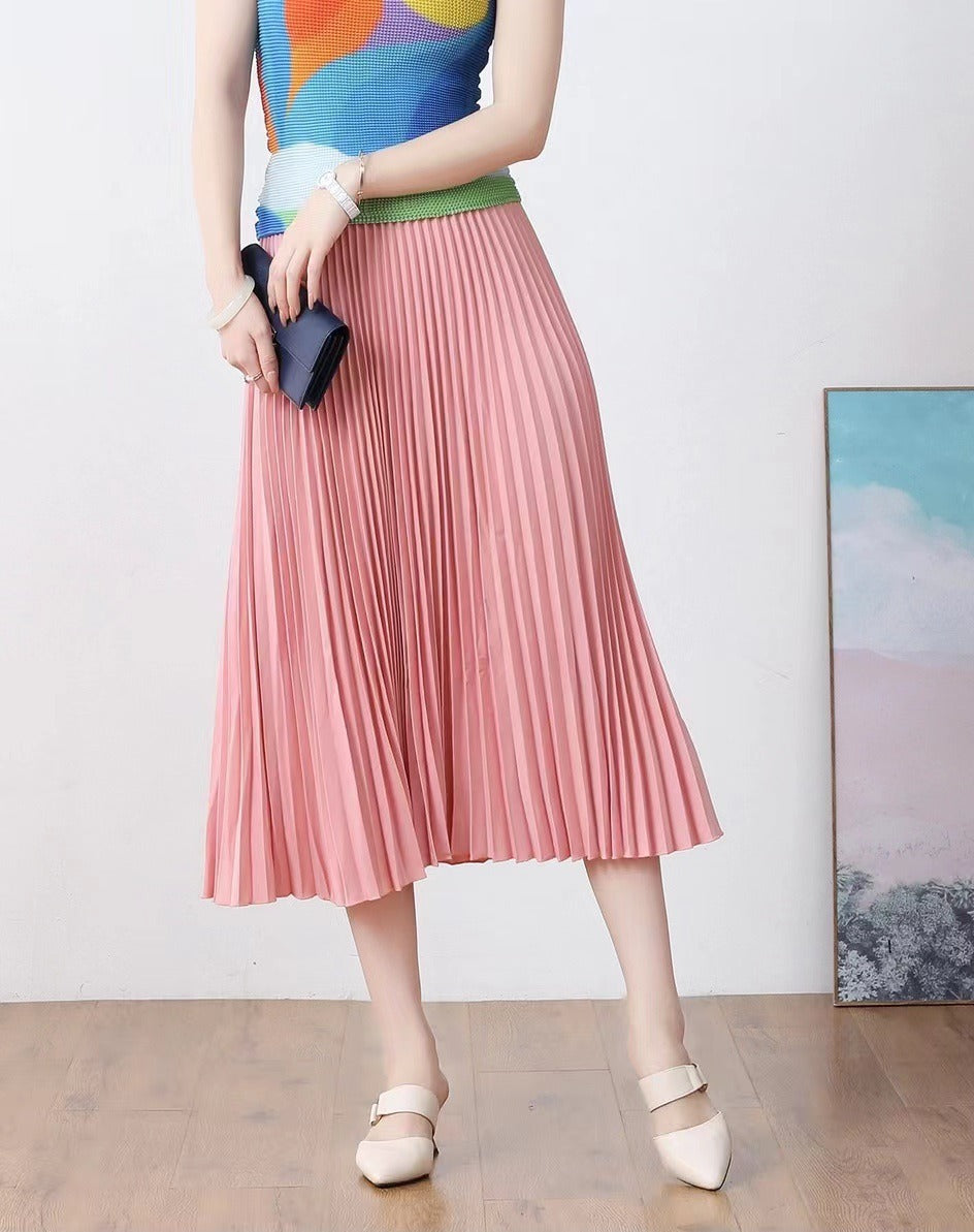 Pleated Skirt Women Printed Large Size Large Swing Mid-Length Versatile Younger Fashion Elegant Skirt