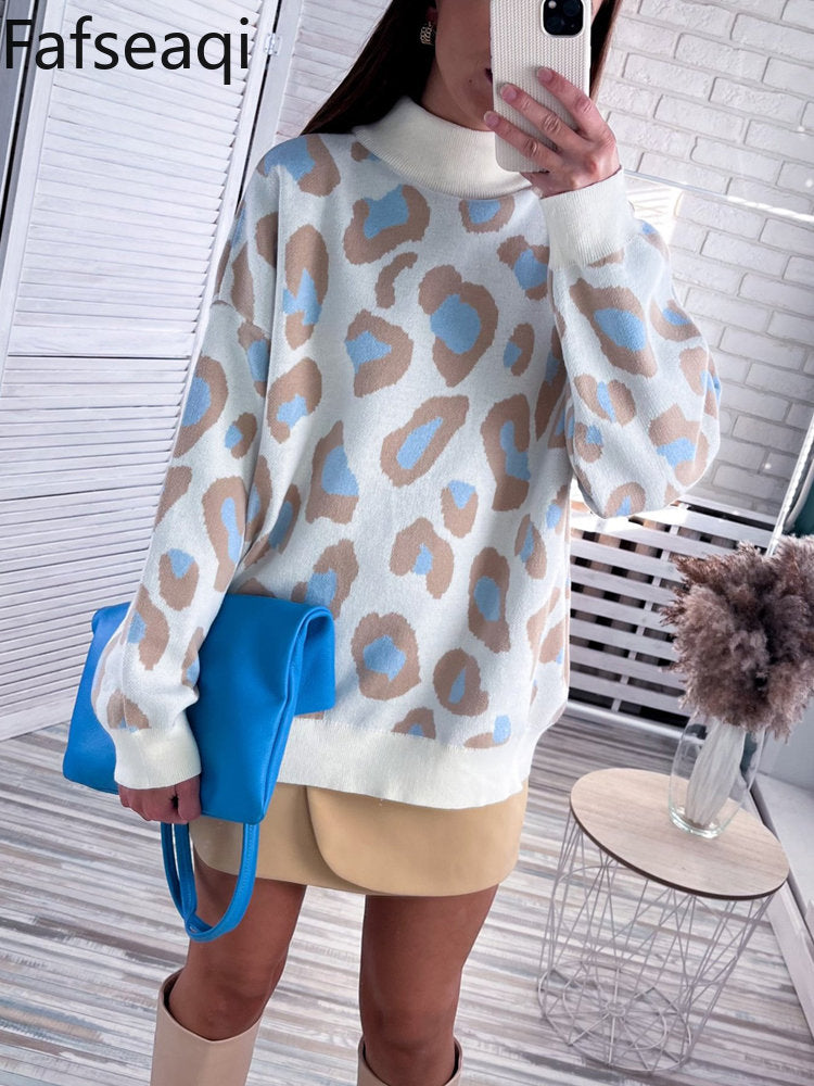 Winter Women's Sweater Leopard Print Animal Basic Thick Turtleneck Oversize Jumper Sotf Warm Knitted Sweaters for Womens