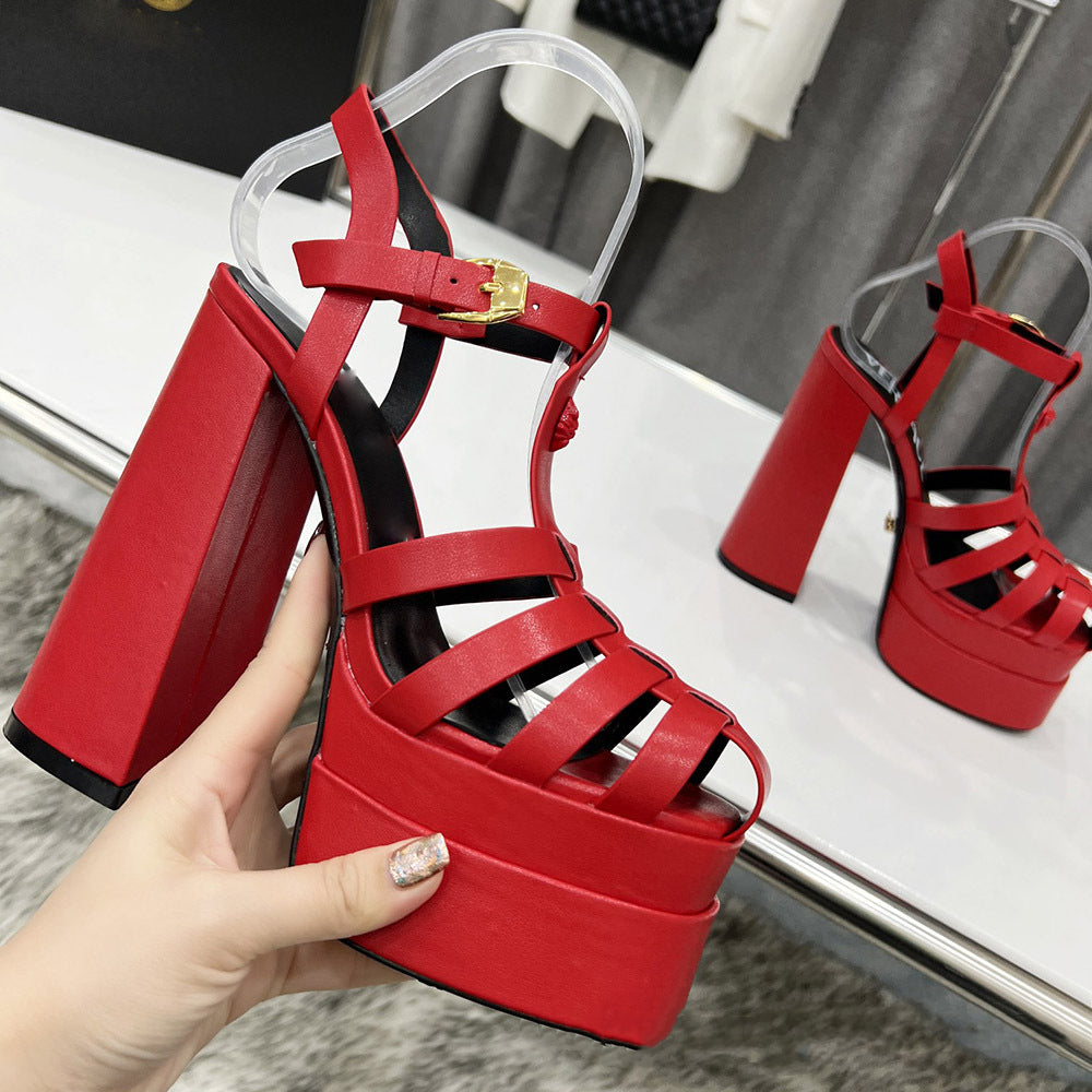 T-belt Buckle Super High Heel Sandals Platform Hollowed out Chunky heel Rome Sandals