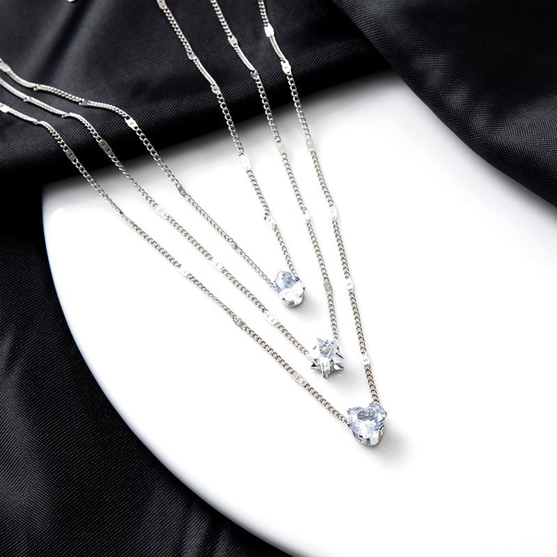 Crystal Zircon Heart Star Charm Layered Pendant Necklace Set for Women Charms Fashion Square Rhinestone Female Vintage Jewelry