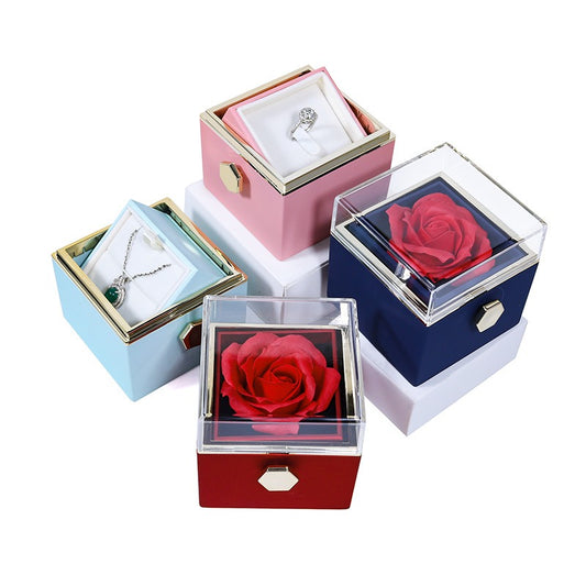 Rotating Rose Jewelry Packaging Box Eternal Flower Reversible Proposal White Ring Necklace Box+Stainless steel heart Necklace