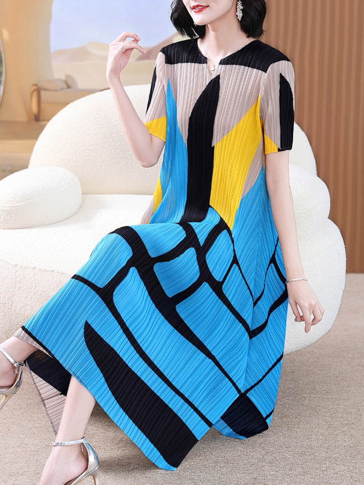 Pleated Dress for Women  Printed Comfortable, Loose and Thin Pleated Mid-Length Elegant Dress Women