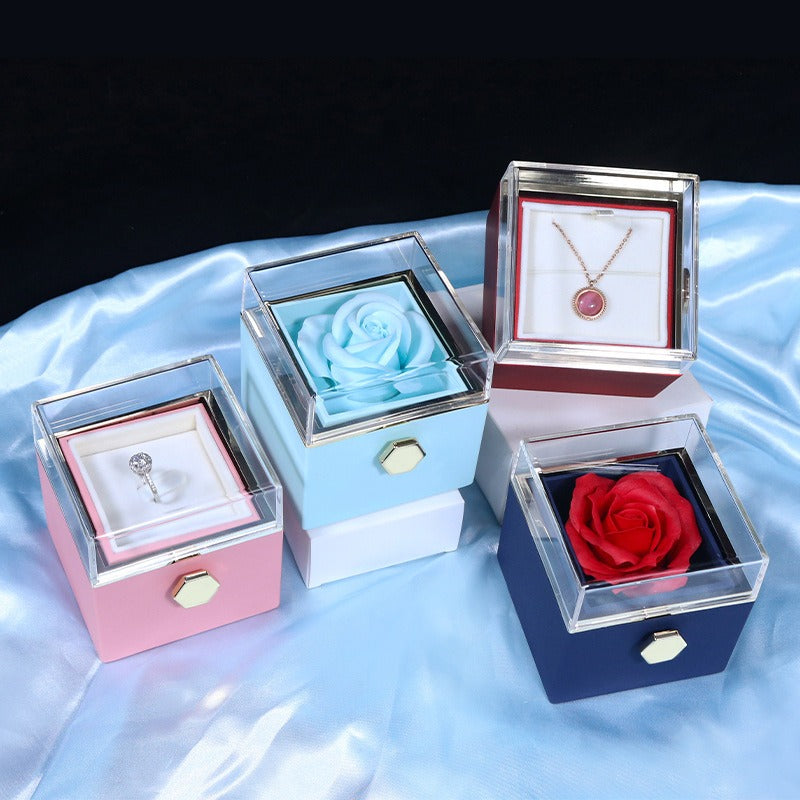 Rotating Rose Jewelry Packaging Box Eternal Flower Reversible Proposal White Ring Necklace Box+Stainless steel heart Necklace