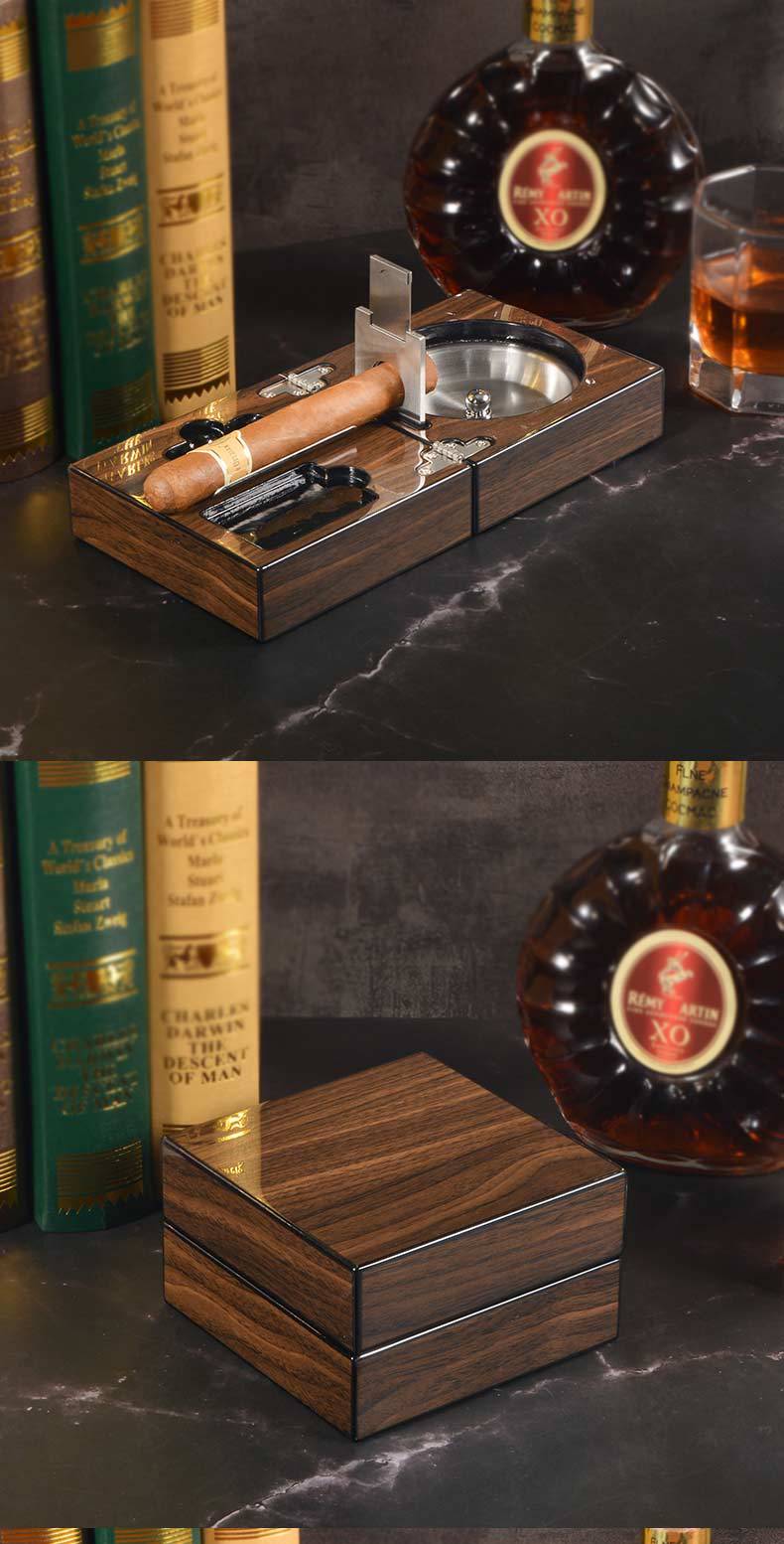 Multifunctional Cigar Ashtray Foldable Walnut Wood Box Include Cigar Cutter Holder And Hole Opener Smoking Accessories