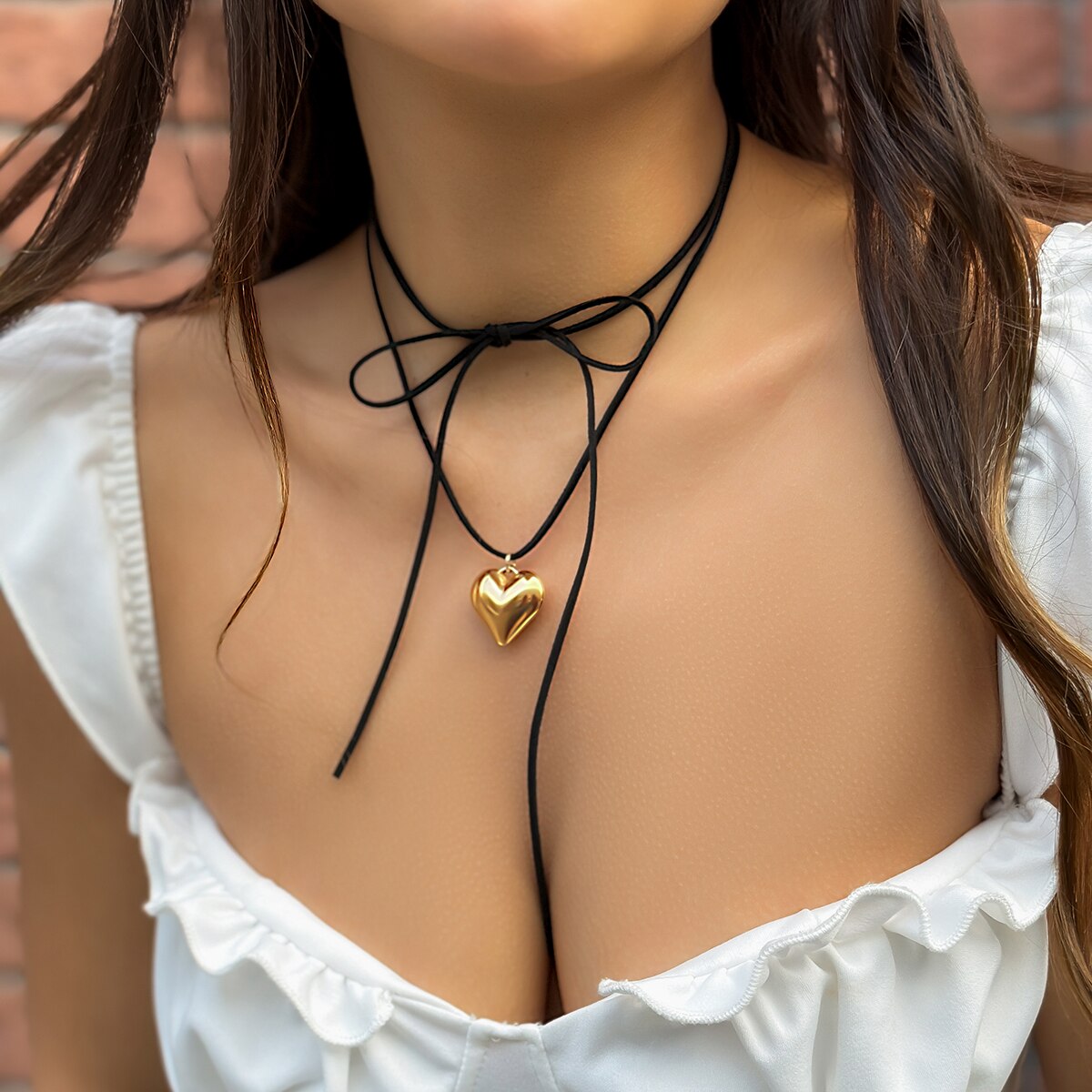 IngeSight.Z Exaggerated CCB Big Heart Pendant Necklace for Women Goth Black Velvet Knotted Bowknot Adjustable Choker Necklace