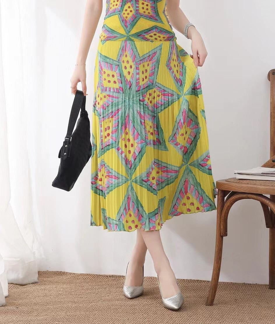 Pleated Skirt Women Printed Large Size Large Swing Mid-Length Versatile Younger Fashion Elegant Skirt