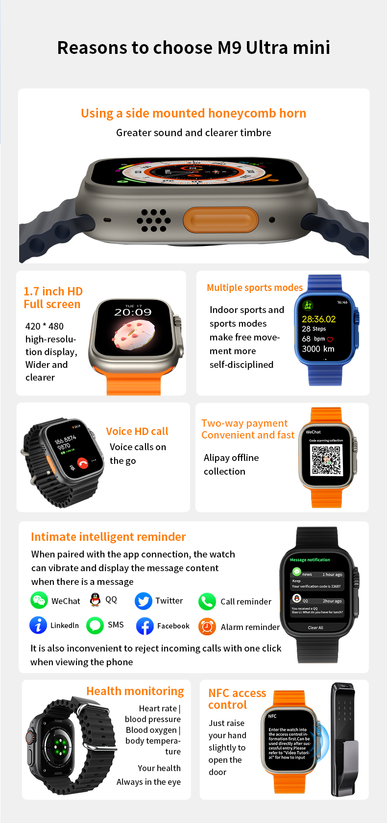 GS M9 Ultra mini smartwatch heart rate call scanning payment