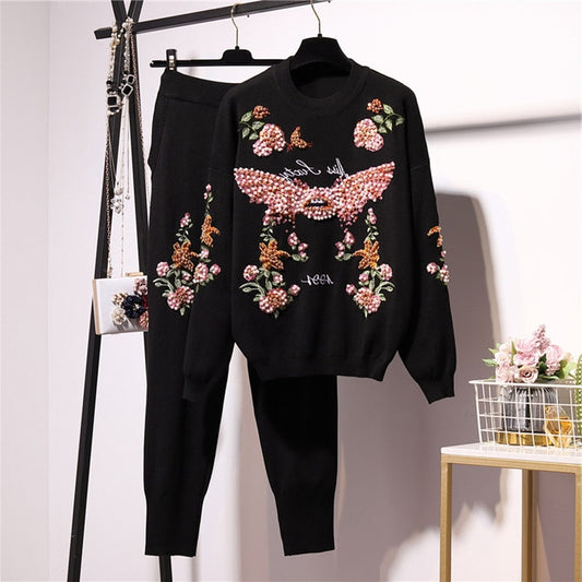 Two Piece Set Pearl Suit Beaded Women Knitted Tracksuit Embroidery Flower Sweater 2 Piece Set Jogger Pants Winter Clothes Jumper