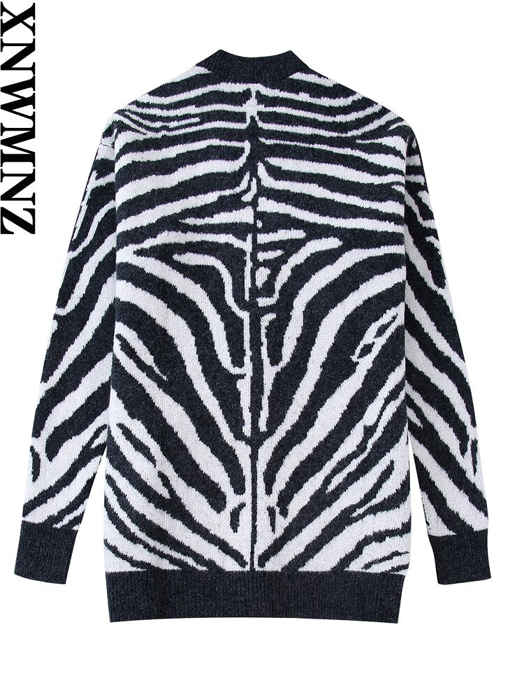 Women Fashion Zebra Print Knitted Sweater Jacket Vintage V-neck Loose Long Sleeve Cardigans Female Chic Coat