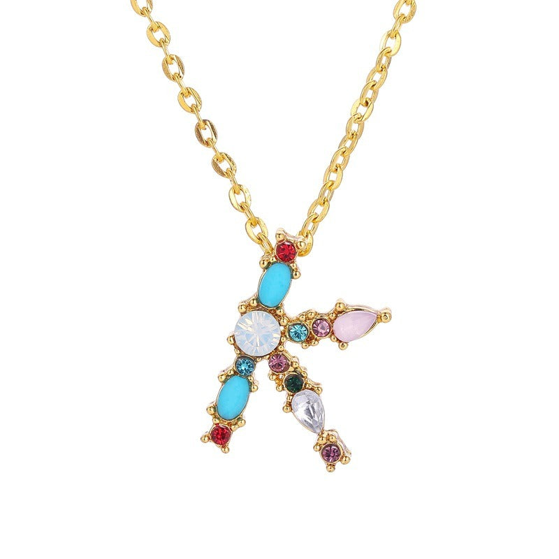 26 Letters alphabet necklace personality simple inlaid color diamond zircon pendant