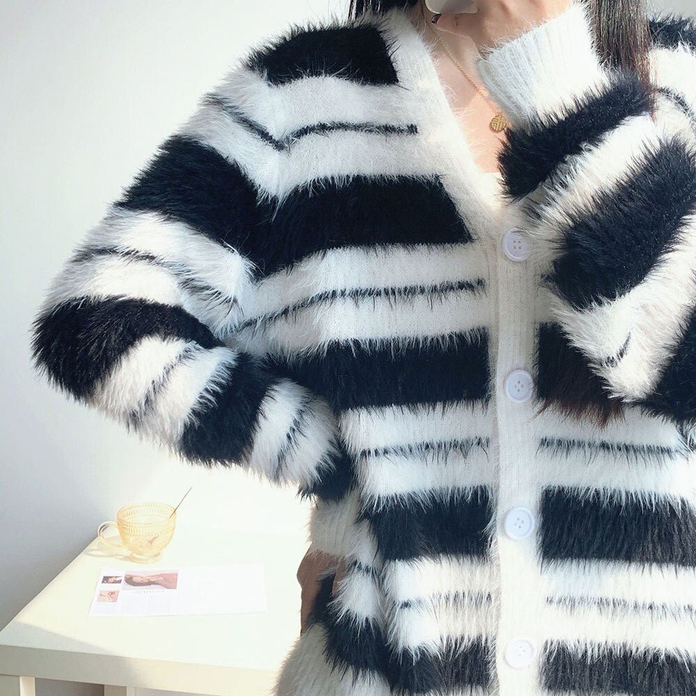 Mohair Sweater Jacket Women's Plush Casual Knitwears Womans Autumn Winter Fashion Stripe Long Sleeve Knitted Cardigan Coat Women