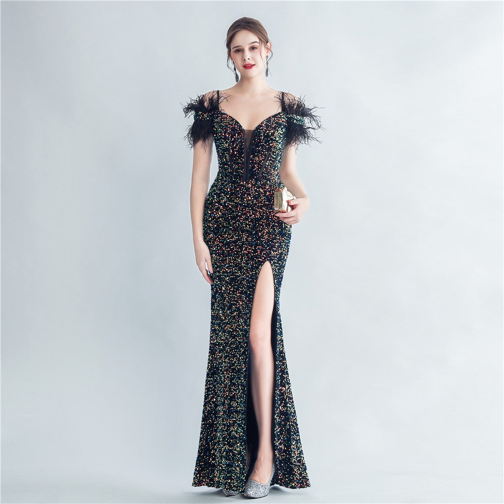 Fishbone ostrich feather tied rope corset velvet bottom high density sequined mermaid evening dress