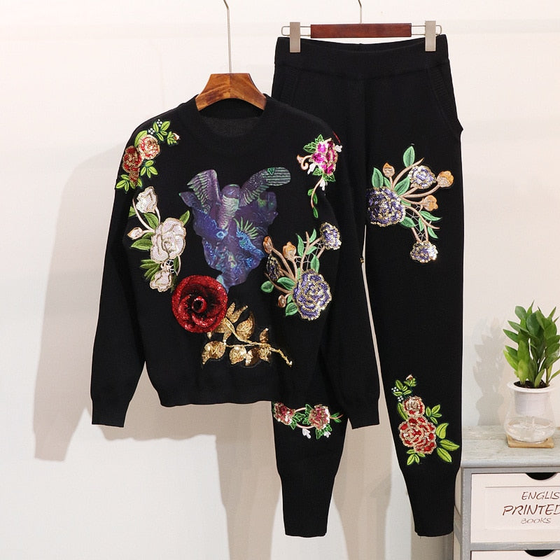 Autumn winter 2 piece set women Embroidery sequin knitted set sweater + trousers pants set Women two piece set fashion tracksuit