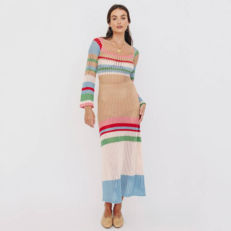 GACVGA Striped Knitted Sexy Long Dress  Summer Full Sleeve Hollow Out Casual Women Beach Party Maxi Dress