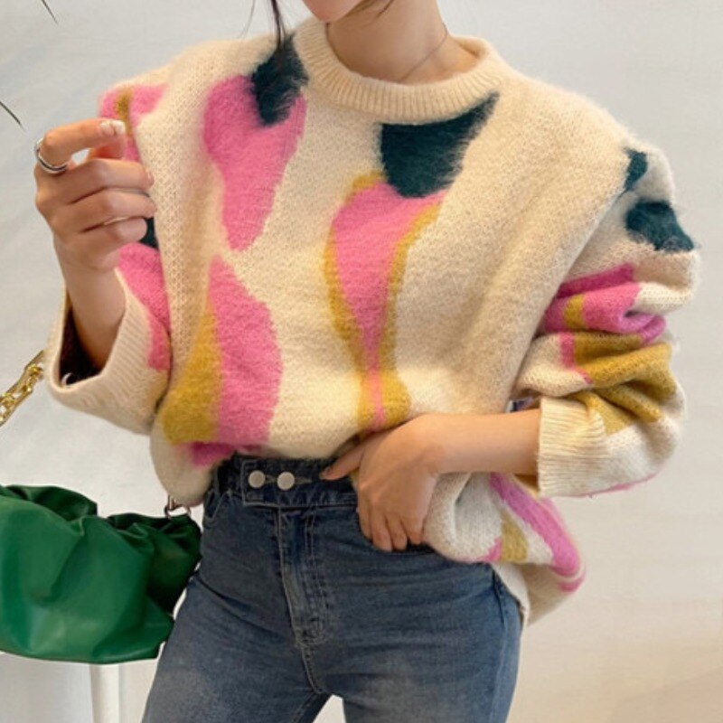 Sueter Mujer Jumper Oversized Sweater Thick Winter Pullover Contrast Mohai Y2k Clothes Print Knitting Black Sweaters Coat Tops