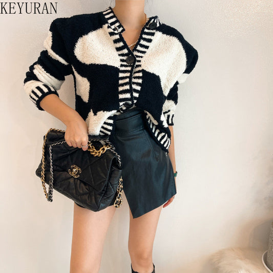 Autumn Winter Contrast Color Knitted Sweater Women Korean Chic O-Neck Single-breasted Button Thick Sweaters Cardigan Coat