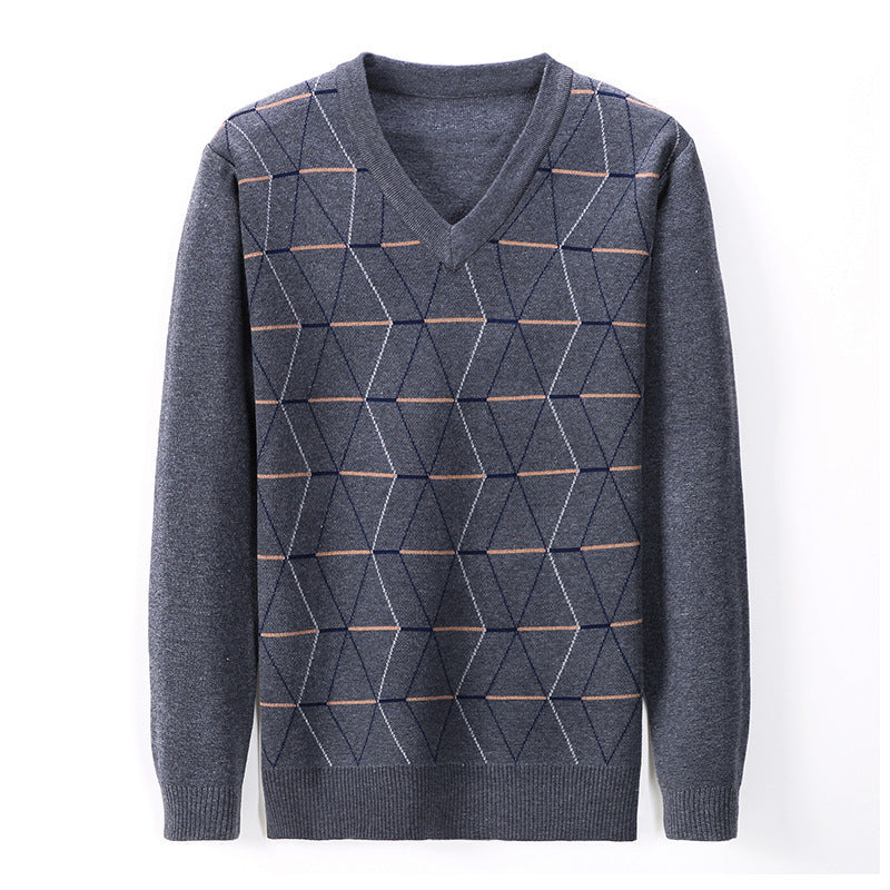 Men's V-neck Jacquard Long Sleeve Pullover Base Thick Sweater