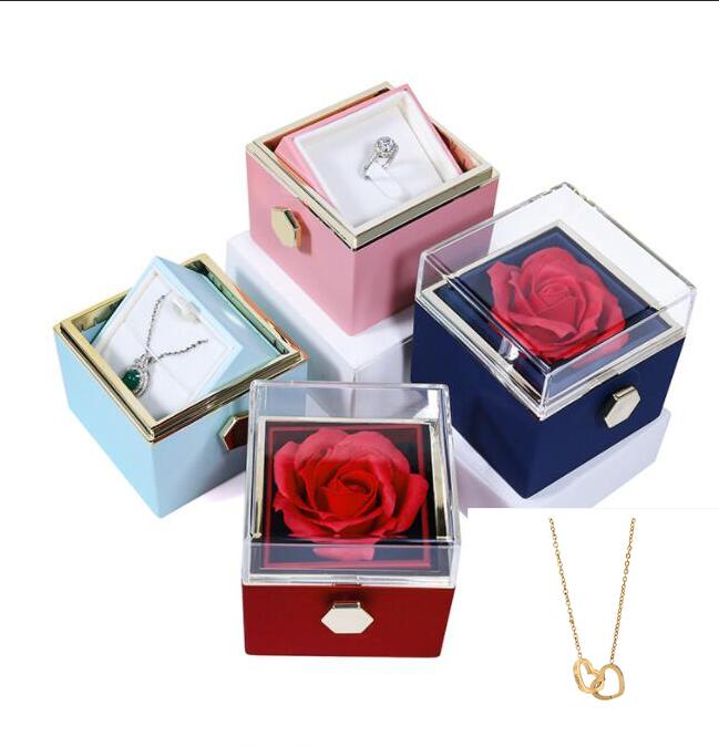 Rotating Rose Jewelry Packaging Box Eternal Flower Reversible Proposal White Ring Necklace Box+Stainless steel heart Necklace